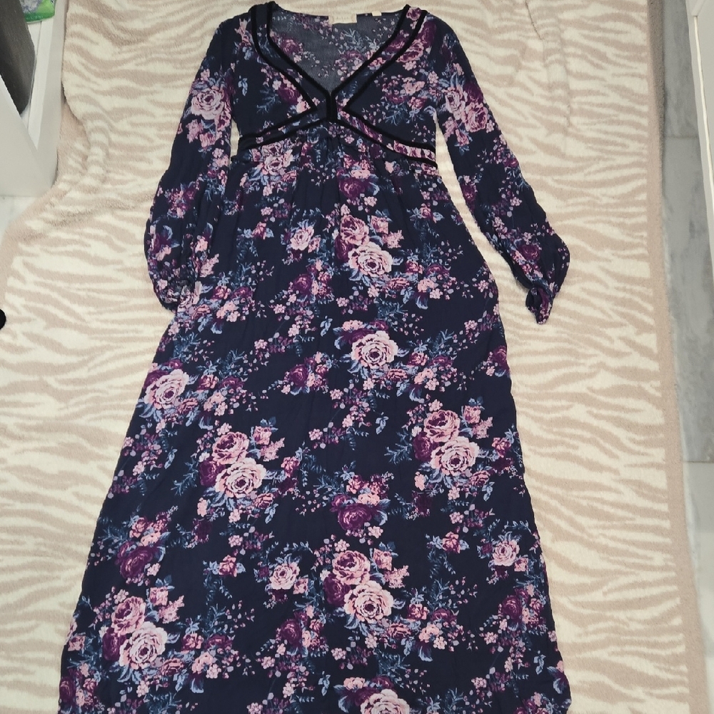 Altar'd State Navy and Purple Floral Long Sleeve Dress
